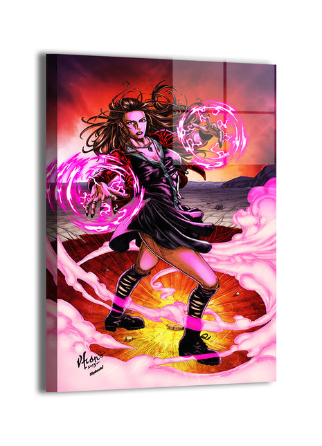 Full-scale Scarlet Witch artwork in glowing red battle scene

