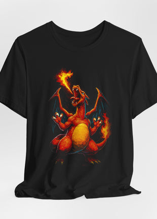 Draped front view of the black Charizard Flamethrower Graphic T-Shirt.