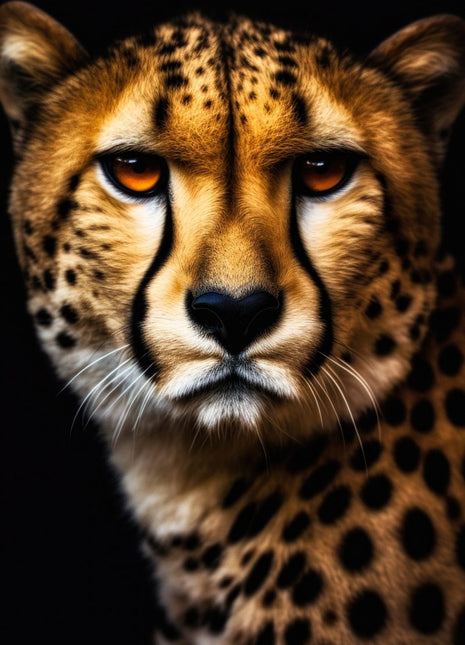 Cheetah facing forward with golden fur, dark tear markings, spotted shoulders and a white chin on black.