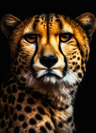 Cheetah looking ahead with a turned body, visible spotted shoulder, dark tear lines and white chin on black.