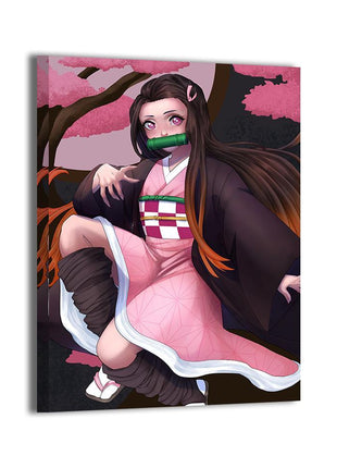 Cherry Blossom Nezuko Wall Art featuring Nezuko Kamado beneath sakura blossoms on hand-stretched gloss canvas, artwork by Shirra.
