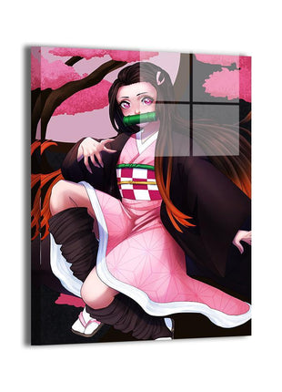 Cherry Blossom Nezuko Wall Art featuring Nezuko Kamado beneath sakura blossoms on dye-sublimated metal, artwork by Shirra.