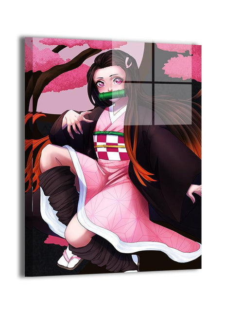 Cherry Blossom Nezuko Wall Art featuring Nezuko Kamado beneath sakura blossoms on dye-sublimated metal, artwork by Shirra.