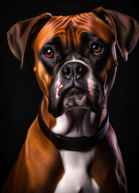 Chestnut boxer facing forward with black muzzle, folded ears, dark collar and white chest.