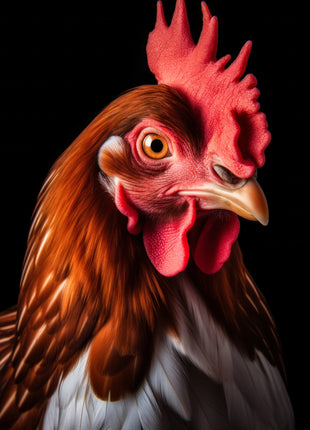 Chestnut-colored chicken with a red comb, orange eye and pale chest against black.