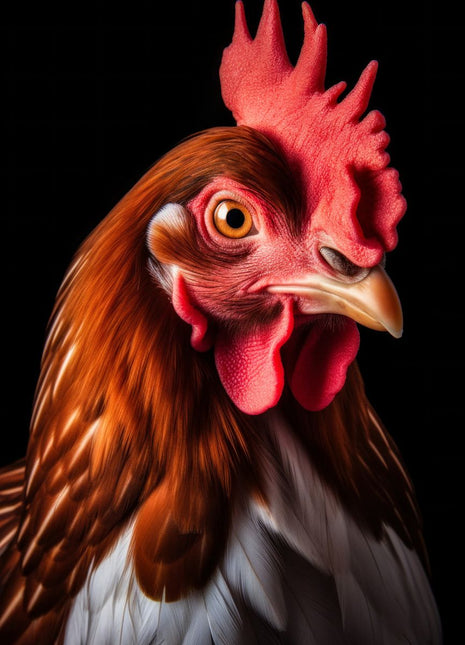 Chestnut-colored chicken with a red comb, orange eye and pale chest against black.