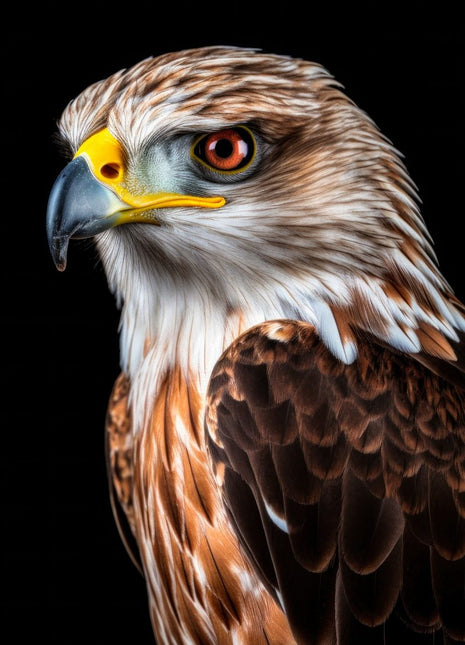 Chestnut-brown raptor looking left with a pale throat and dark hooked beak against black.