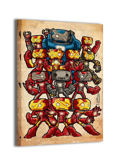 Chibi Armory Iron Man and multiple Mark armors Marvel wall art by Jeff Benitez