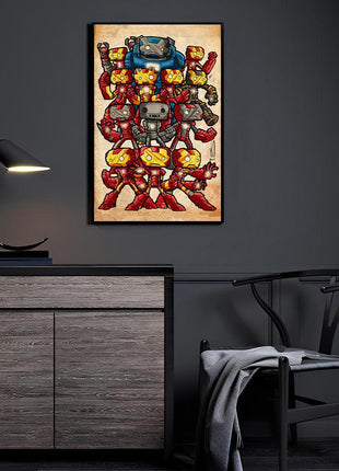 Chibi Armory Iron Man and multiple Mark armors Marvel wall art by Jeff Benitez