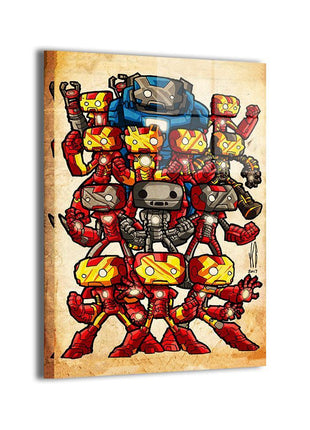 Chibi Armory Iron Man and multiple Mark armors Marvel wall art by Jeff Benitez