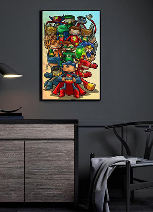 Chibi Justice League acrylic wall art with Superman, Batman, Wonder Woman, Green Arrow and Martian Manhunter by Jeff Benitez
