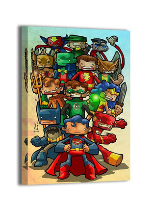 Chibi Justice League canvas wall art with Superman, Batman, Wonder Woman, Green Arrow and Martian Manhunter by Jeff Benitez