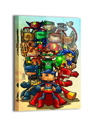 Chibi Justice League metal wall art with Superman, Batman, Wonder Woman, Green Arrow and Martian Manhunter by Jeff Benitez