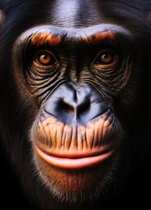 Close chimpanzee face with copper brows and lips, amber eyes and glossy dark skin against black.