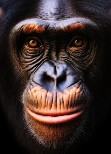 Close chimpanzee face with copper brows and lips, amber eyes and glossy dark skin against black.