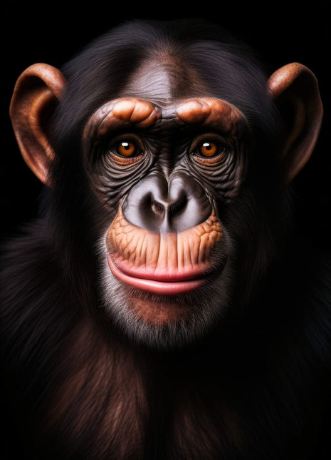 Chimpanzee with a slightly angled head, warm brown ears and softly lit muzzle against black.