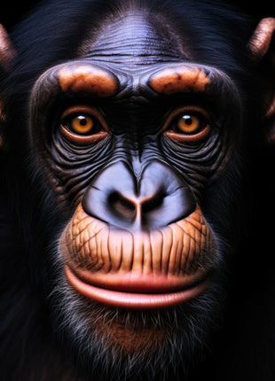 Close chimpanzee portrait with a blue-lit forehead, copper lips and amber eyes against black.