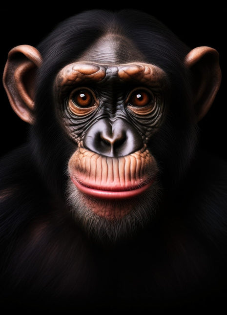Front-facing chimpanzee with wide ears, pale pink muzzle and warm brow highlights against black.