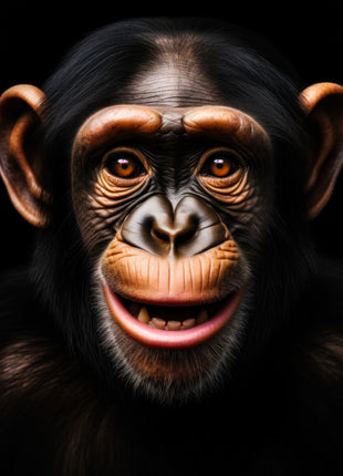Front-facing chimpanzee with a small toothy grin and warm copper facial highlights against black.