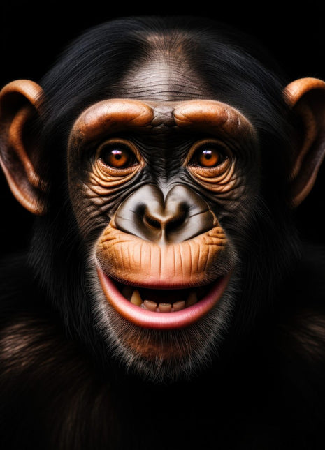 Front-facing chimpanzee with a small toothy grin and warm copper facial highlights against black.