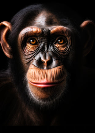 Chimpanzee with a slight head turn, amber eyes, pale lips and one prominent warm-lit ear on black.