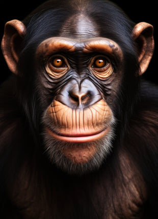 Chimpanzee facing forward with warm brown ears, bright eyes and a softly curved mouth against black.