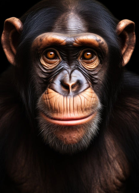 Chimpanzee facing forward with warm brown ears, bright eyes and a softly curved mouth against black.