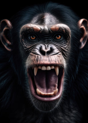 Front-facing chimpanzee with its mouth wide open, visible teeth and cool-lit dark fur against black.