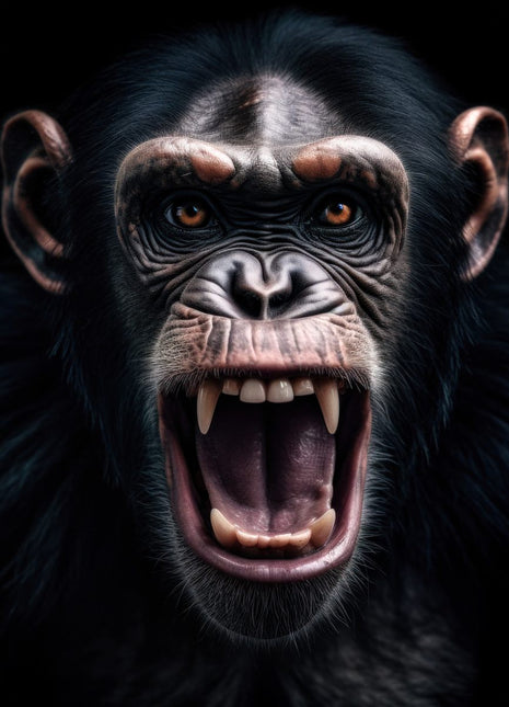 Front-facing chimpanzee with its mouth wide open, visible teeth and cool-lit dark fur against black.