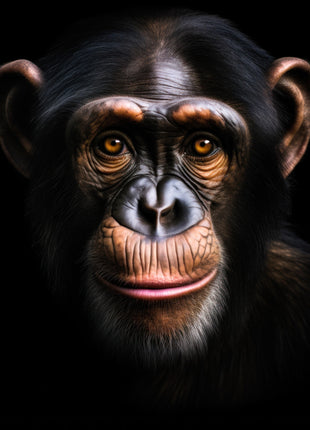Chimpanzee with rounded ears, warm eyes and narrow pink lips against a black background.