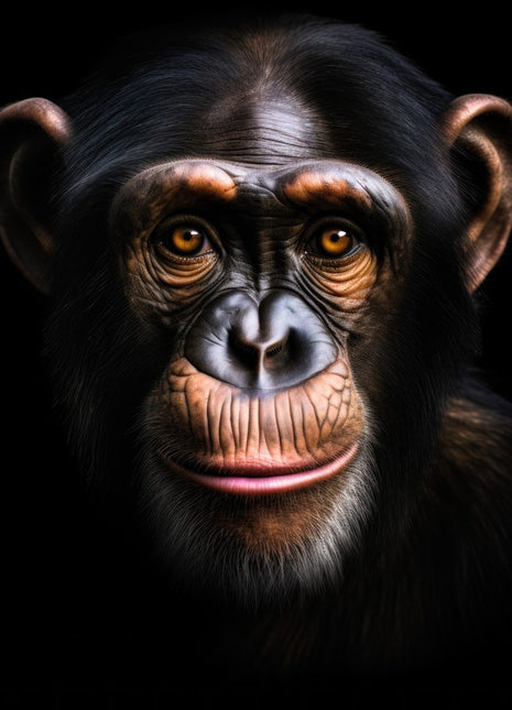 Chimpanzee with rounded ears, warm eyes and narrow pink lips against a black background.