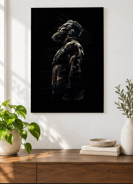 Chin to the Light acrylic wall art displayed above a wooden console with plants and books against a white wall.