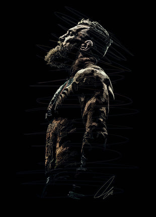 Chin to the Light: presents a tattooed, bearded man in upward-facing profile.
