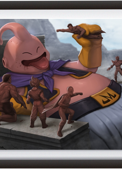 Alt: Funny Majin Buu fan art – oversized villain with miniature heroes – 24x36

