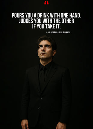 Christopher Moltisanti in a dark portrait beneath white quotation text and a red quotation mark.