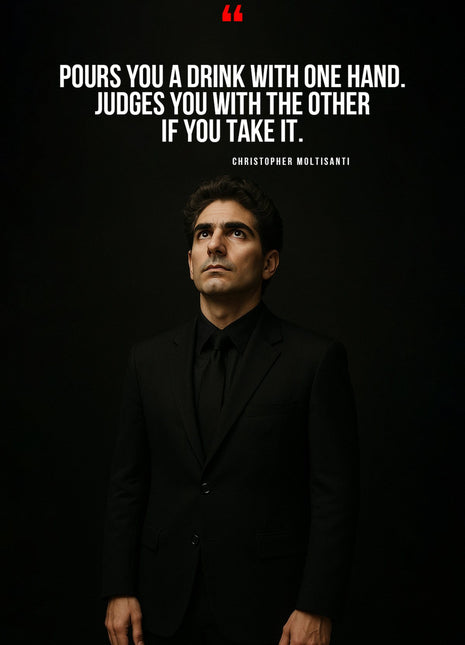 Christopher Moltisanti in a dark portrait beneath white quotation text and a red quotation mark.