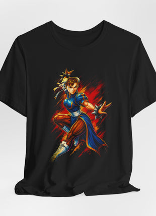 Draped front view of the black Chun-Li Lightning Fighter Graphic T-Shirt.
