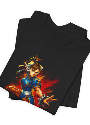 Folded view of the black Chun-Li Lightning Fighter Graphic T-Shirt.