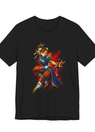 Front view of the black Chun-Li Lightning Fighter Graphic T-Shirt.