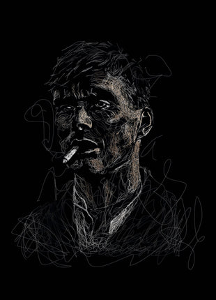 White and gray scribble portrait of a tousle-haired man with a cigarette against a black background.