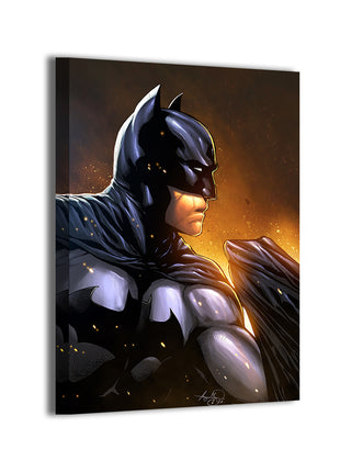 Cinder Knight Canvas — Batman close-up with glowing cinders, art by Michael Magallanes, colors by Nestor Redulla Jr.; gallery-wrapped, ready to hang.