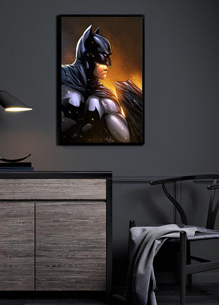 Cinder Knight Room Mockup — Batman by Michael Magallanes, colors by Nestor Redulla Jr., displayed in a modern room.