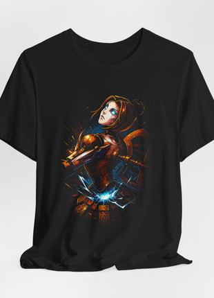 Draped front view of the black Clank Robot Spark Graphic T-Shirt.