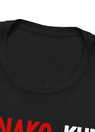 Close-up of the black T-shirt crewneck and Hanako-kun lettering.