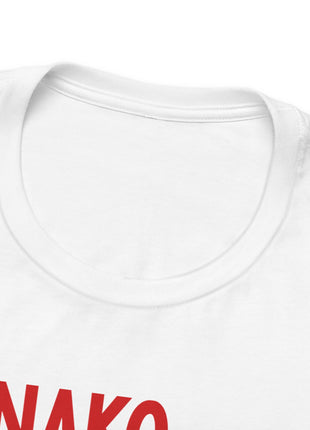 Close-up of the white T-shirt crewneck and Hanako lettering.