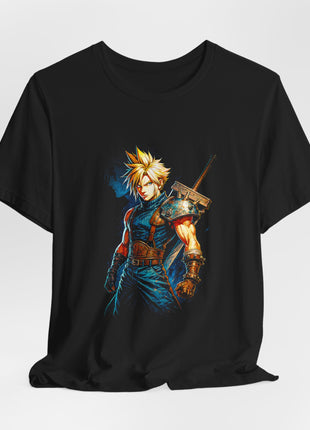 Draped front view of the black Cloud Strife Buster Sword Portrait Graphic T-Shirt.