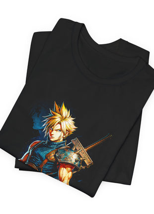 Folded view of the black Cloud Strife Buster Sword Portrait Graphic T-Shirt.