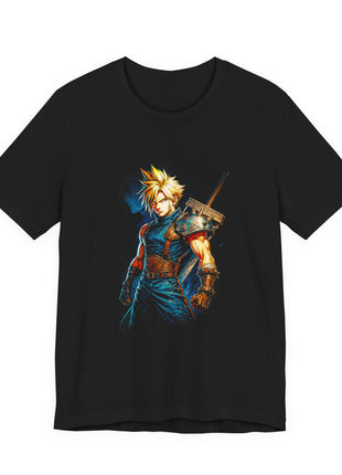 Front view of the black Cloud Strife Buster Sword Portrait Graphic T-Shirt.