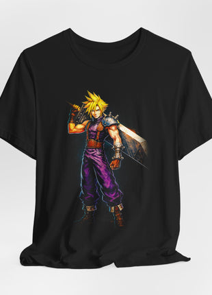 Draped front view of the black Cloud Strife Classic SOLDIER Graphic T-Shirt.