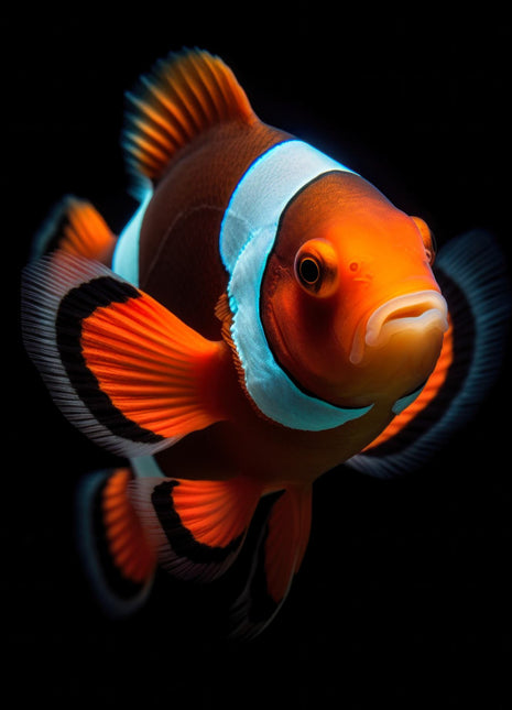 Orange clownfish with pale blue-white bands and dark-edged fins against black.